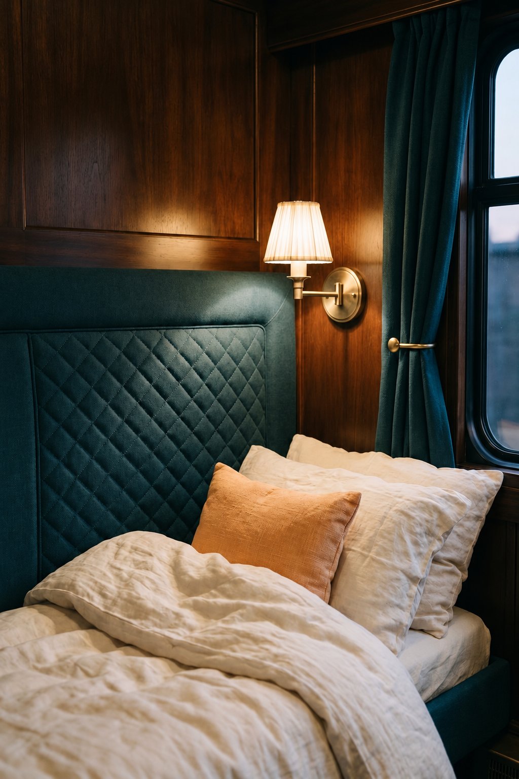 Blue upholstered sleeper berth with bedding, cushion, and reading
lamp