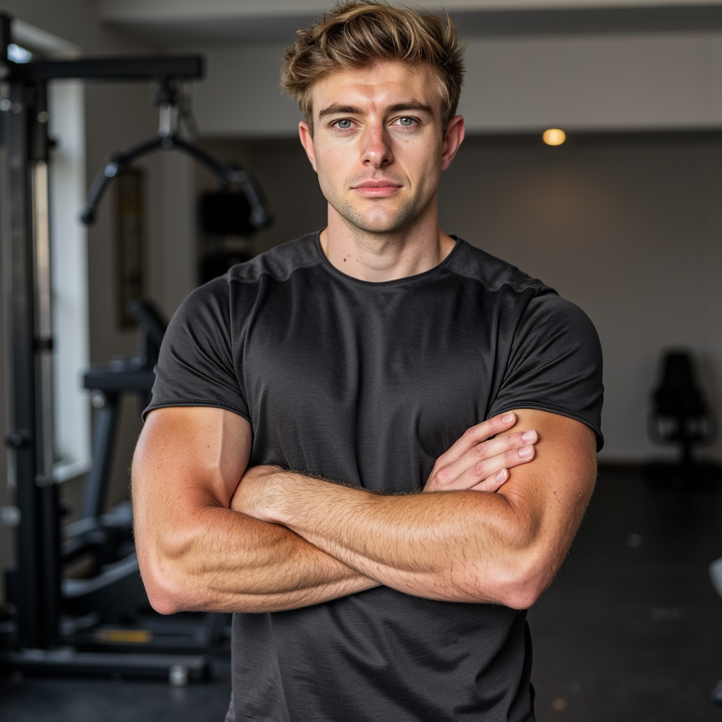 A male fitness professional photographed in a high-end training facility, captur