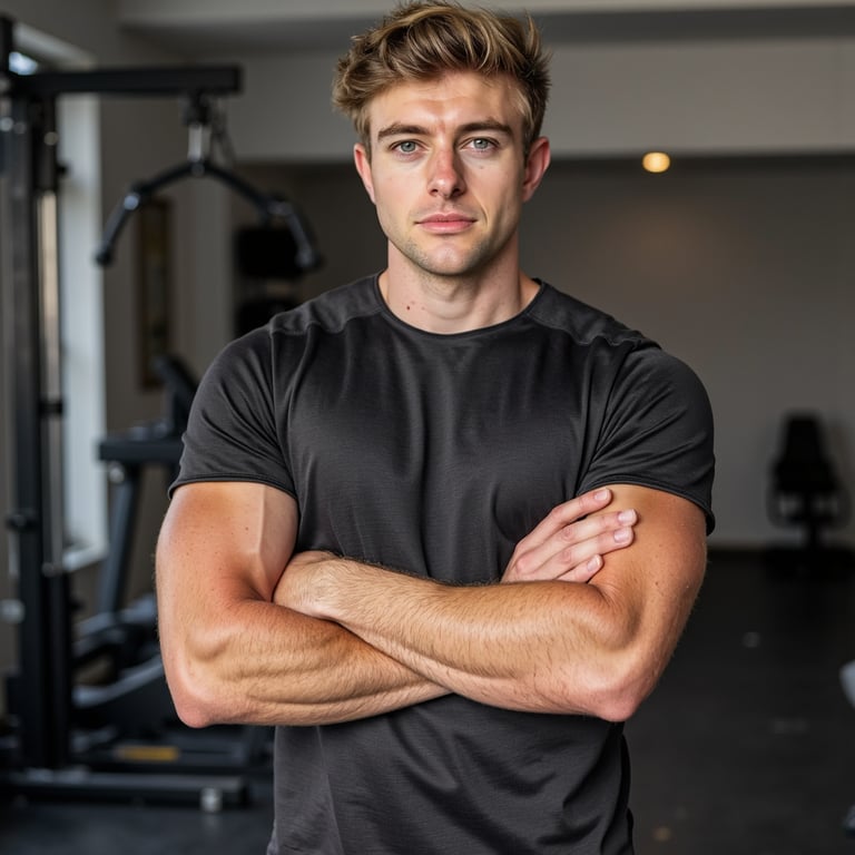 A male fitness professional photographed in a high-end training facility, captur