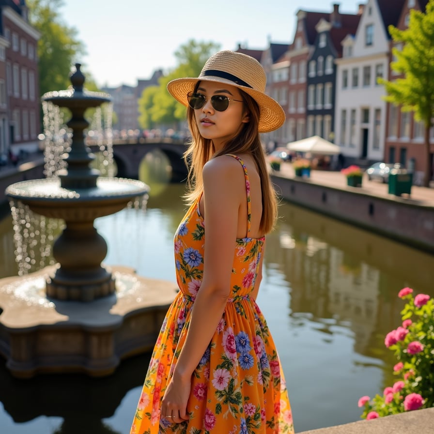 woman wearing a bright, colorful dress, donned in a trendy straw hat, standing in front of a charming Amsterdam canal with historic buildings and blooming flowers, under a warm, sunny sky
