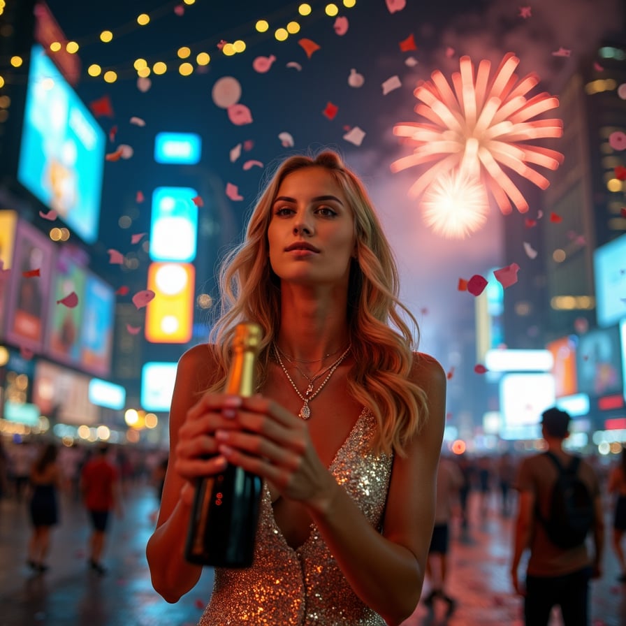 Facing the camera with an expression of pure joy, a woman shouts ‘Happy New Year!’ as confetti rains down around her. She’s holding a noisemaker, her sequined dress sparkling under the vibrant lights, with a glowing countdown timer visible in the background