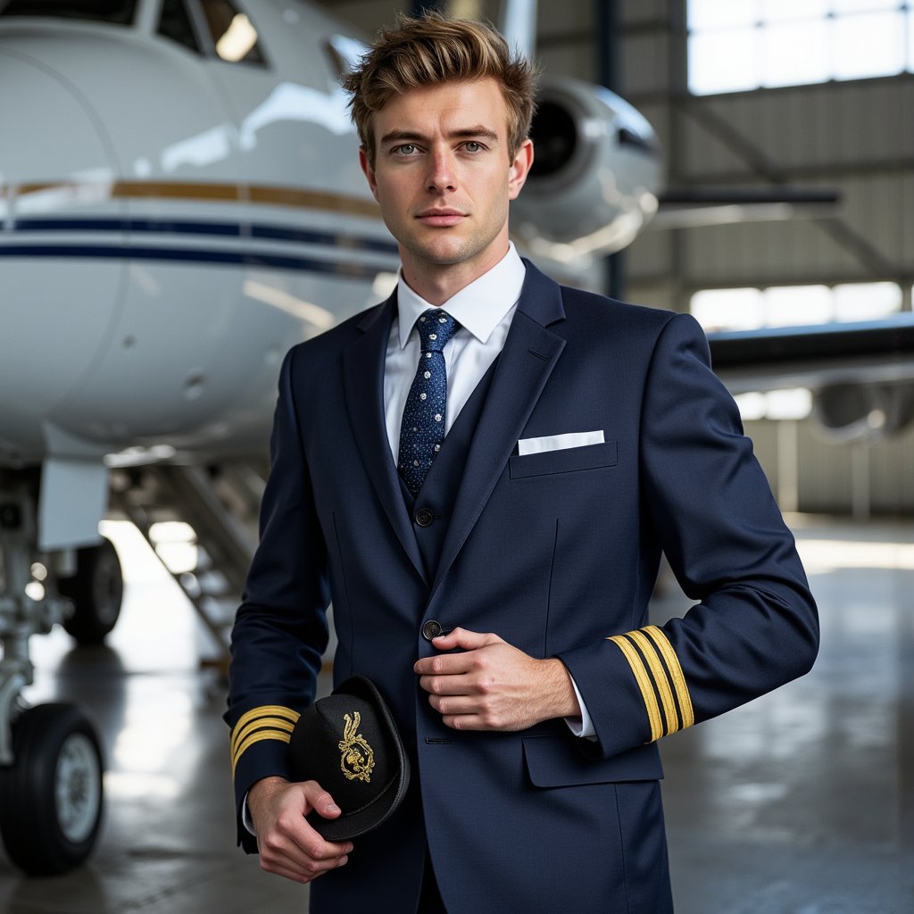Highly realistic HDR portrait of a man airline captain in navy uniform with gold-striped epaulettes and hat in hand; neatly combed hair. Camera: 35mm lens, f/3.5, ISO 400, three-quarter body shot, eye-level angle. Lighting: daylight streaming from hangar doors behind, subtle reflector fill on front; rim highlights along uniform edges, grounded shadows on floor. Pose: standing confidently near aircraft nose, hat held against thigh, serious professional gaze forward. Background: blurred aircraft fuselage and hangar interior, minimal clutter.
