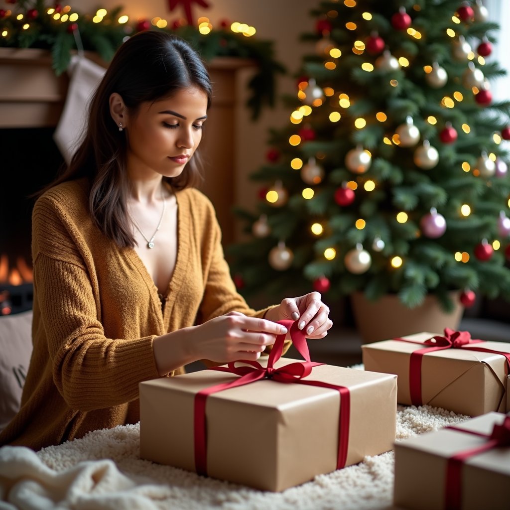 woman wrapping gifts for christmas