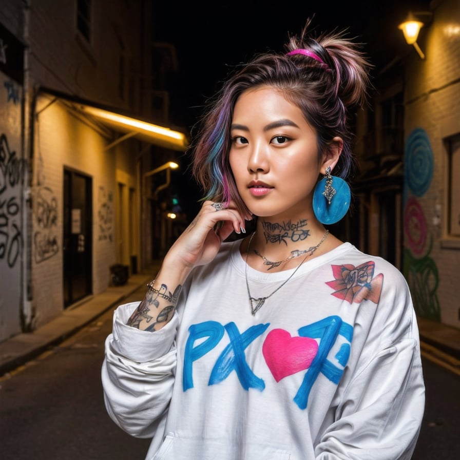 Punk style woman, graffiti alley, intricate details, noir vibe.