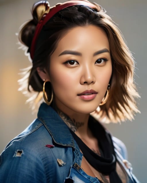 Pirate woman, wild, detailed tattoos, rugged attire, photorealistic.