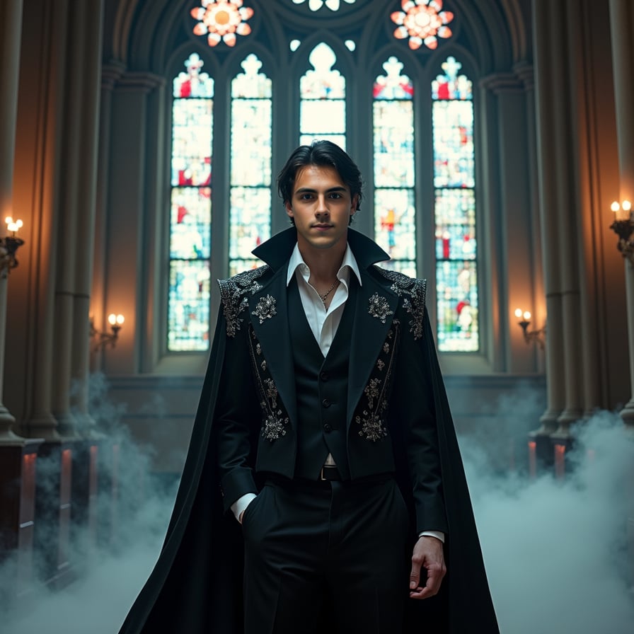 Show a vampire prince standing in a grand, gothic cathedral with tall stained-glass windows casting colored light on his pale face. He has an elegant, dark suit with silver embroidery, and his dark hair is styled in a timeless way. His gaze is intense and proud as he stands under the towering arches. The scene is majestic yet haunting, with an ethereal, almost holy light illuminating his face