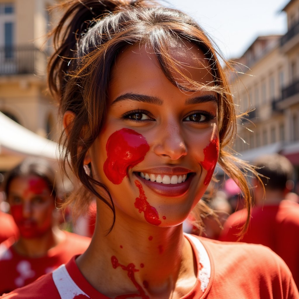 Headshot of a playful woman winking with tomato sauce smeared across one cheek, messy ponytail, red-stained festival shirt, pure La Tomatina joy