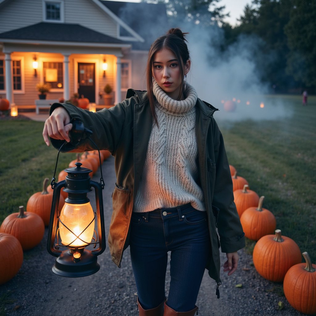 Full-body wide shot at waist height with a 35 mm lens, f/2.8, ISO 800, 1/125 s. Shot just after sunset, with the primary key being a warm kerosene lantern held in her left hand. The lantern’s light pools across her front, illuminating the oatmeal cable-knit sweater’s thick stitches and catching the sheen of her olive waxed-canvas jacket. Shadows fall naturally away from the lantern toward her right hip and down across the pumpkin rows, creating believable depth. Secondary blue ambient light from the open sky fills her hair — a loose auburn bun — and the edges of her jeans and lace-up leather boots. Focus is set so her entire body is sharp, while the far pumpkins and farmhouse silhouette behind are softly defocused. Her right foot is mid-step, the sole slightly lifted, with faint breath visible in the cool air. Highly detailed, highly realistic, HDR.