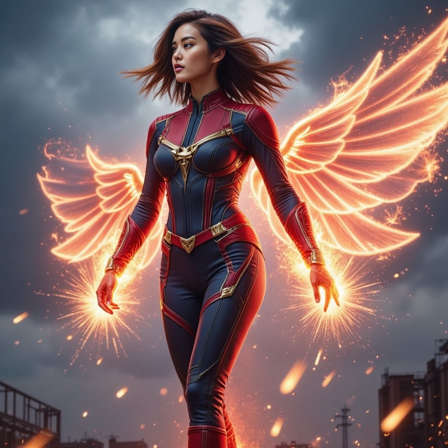 Confident woman superhero, inspired by Scarlet Witch and Captain Marvel, levitating mid-air with neon energy swirls, wearing a glowing suit of woven metal and fabric, stormy skies, battle aura, epic movie still