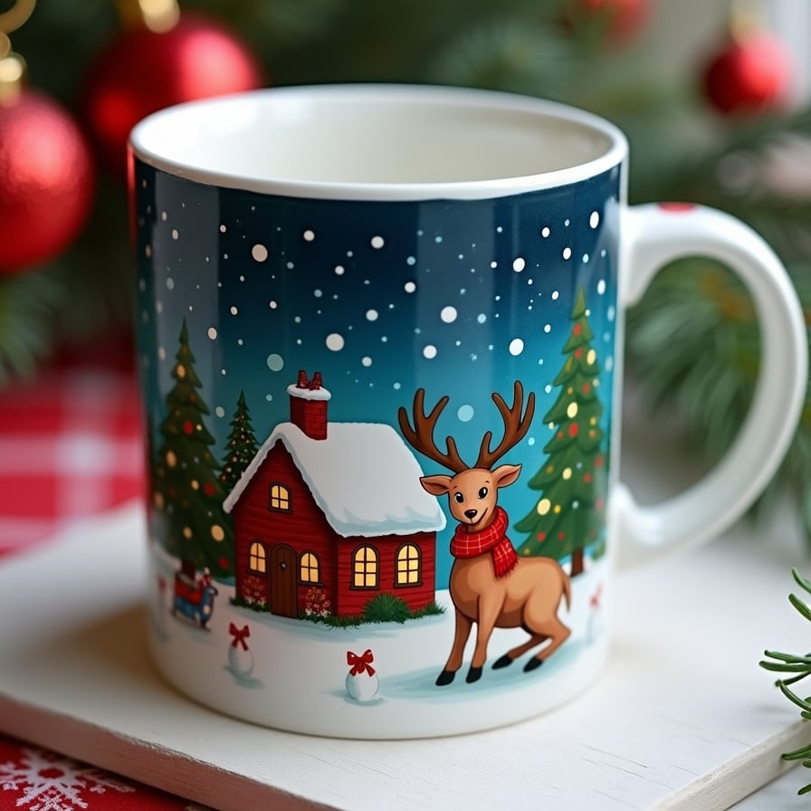A mug with a whimsical holiday illustration: imagine a cozy cottage under starry skies, or a playful reindeer wearing a scarf. The scene is vibrant, festive, and reflects the recipient’s personal interests or style.