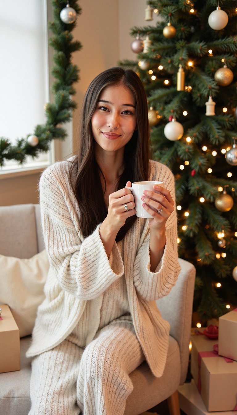 cozy Christmas morning portrait of a woman sitting on a sofa in front of a decorated Christmas tree, soft daylight coming from a nearby window, wearing fluffy white loungewear or a textured knit cardigan, relaxed posture with a mug of hot chocolate in hands, wrapped gifts at the base of the tree, golden ornaments and fairy lights softly blurred, warm neutral color palette, natural makeup, shallow depth of field, realistic 35mm photo style, soft ambient lighting, highly detailed, ultra-realistic