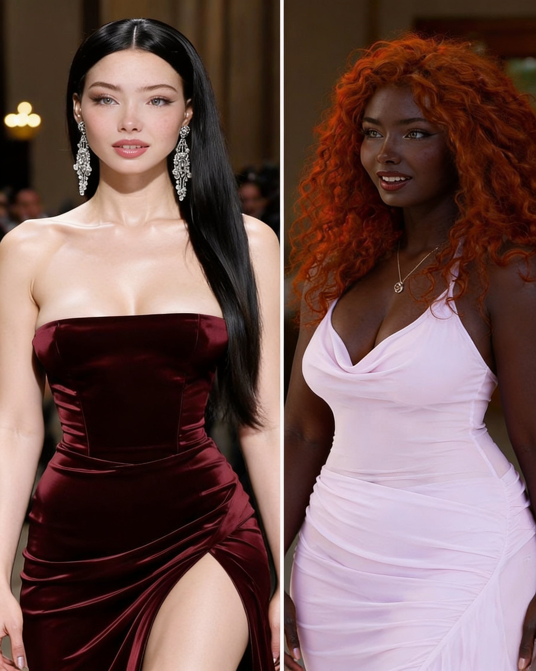 Edit the original uploaded image in place. Keep every pixel, face, identity, hairstyle, dress, body proportion, pose, jewellery, background and composition unchanged.
ONLY swap the two women’s visible skin pigmentation: give the left woman the right woman’s fair porcelain skin tone, and give the right woman the left woman’s deep dark skin tone. Apply it consistently across the face, neck, chest, arms, hands and legs while preserving the original skin texture, lighting and shadows.
This is strictly a skin-colour adjustment—not a face swap, identity swap, body swap or outfit change. Do not regenerate either woman. The burgundy dress and lilac dress must remain exactly identical to the original.