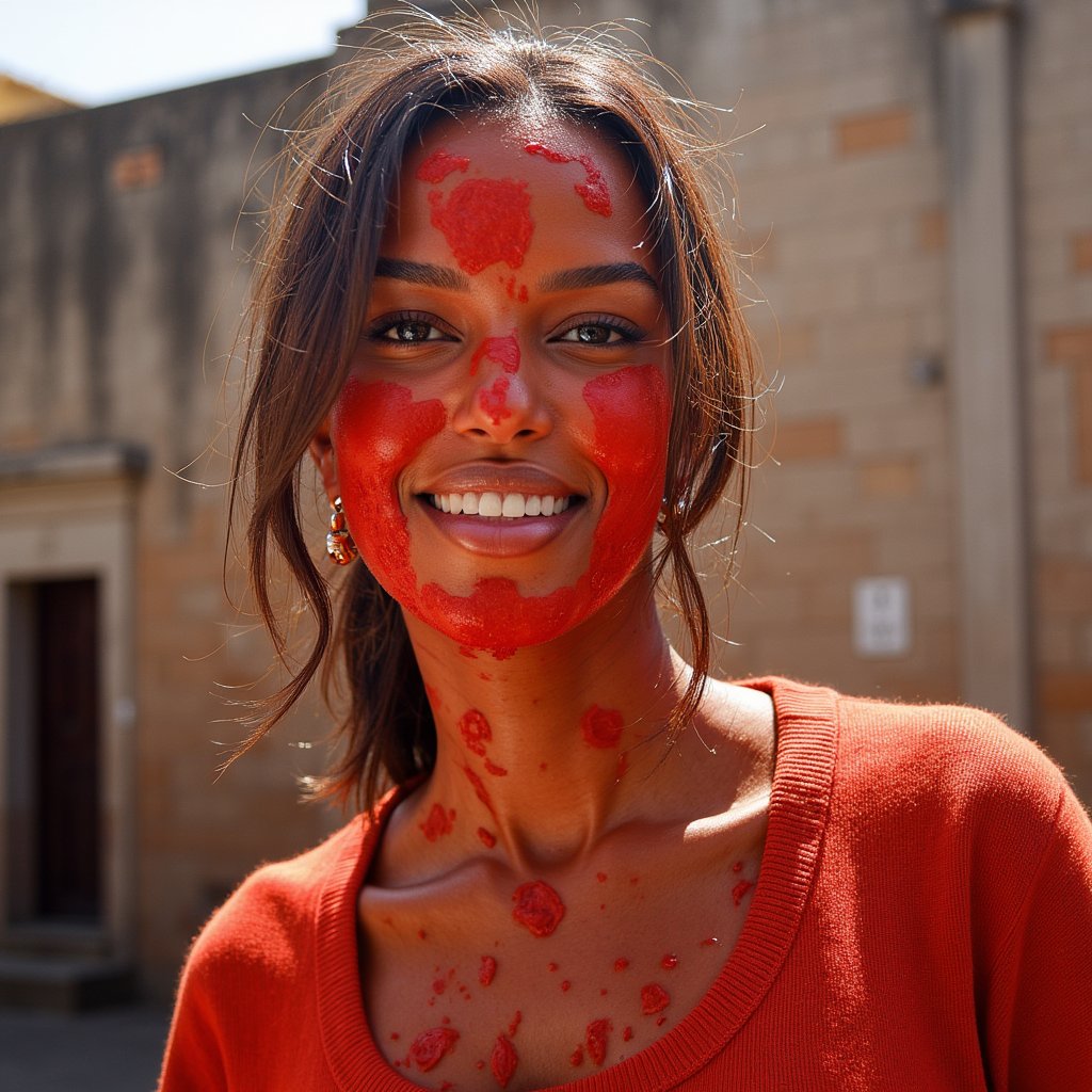 woman with a joyful, free-spirited expression, her face and clothing covered in bursts of tomato red. Her presence feels expressive and radiant, with sunlight adding warmth and clarity to every detail. The background is softly blurred, with hints of festive color in the air. Lighting is clean and natural, capturing glistening wet textures and rich saturation. Hyper-detailed, sharp focus, bold colors, lively emotion.