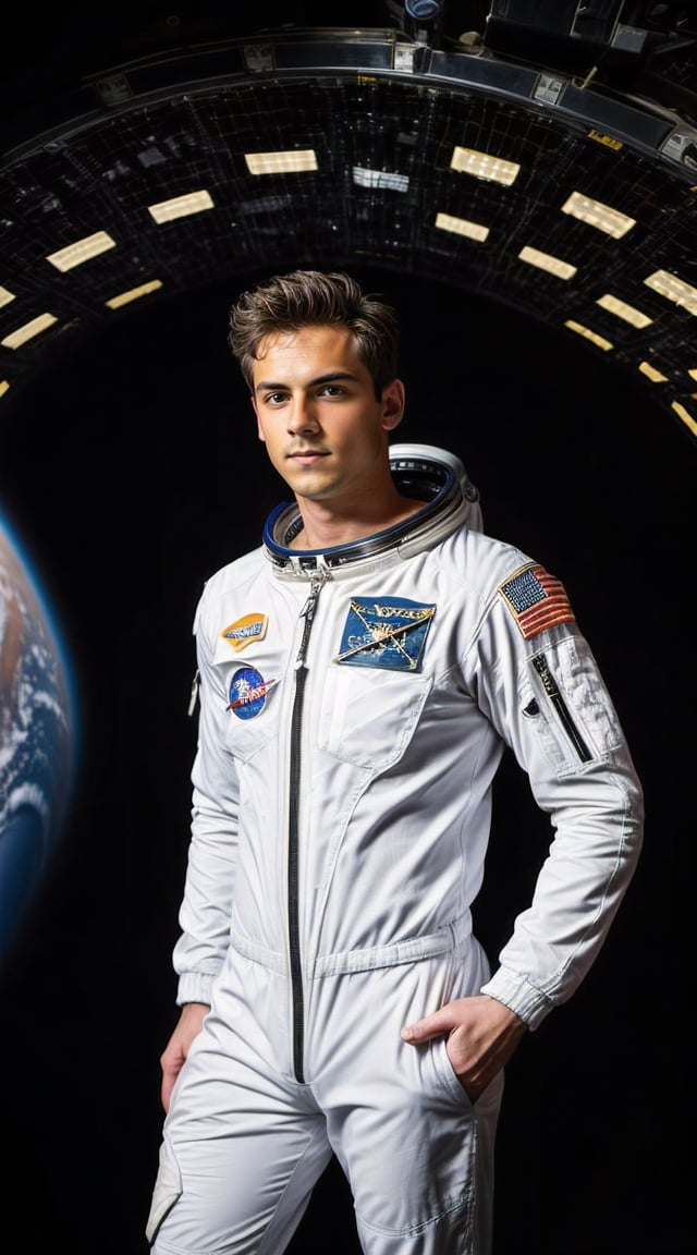 Heroic astronaut in spacesuit, vibrant lighting, tech-inspired backdrop.