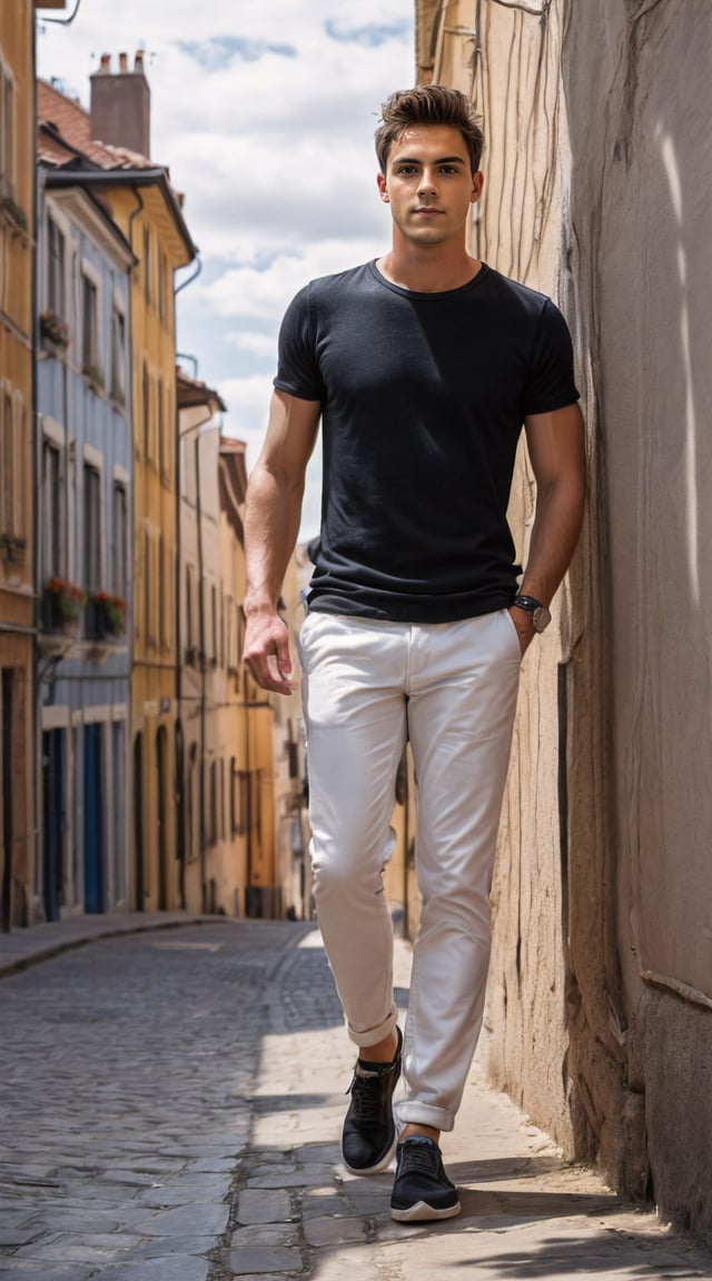Trendy man in sunglasses, exploring scenic European streets.