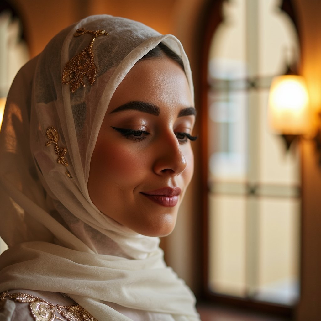 Close-up headshot of a woman in an elegant hijab with gold embroidery, eyes closed in reflection, soft background lights resembling Mawlid night ambiance