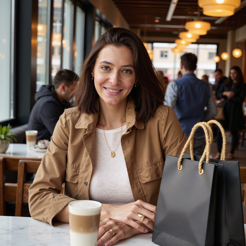 A woman (female) seated at a café table, two elegant shopping bags beside her with gold rope handles. Hairstyle: mid-length loose waves, soft gloss; makeup: natural warm tones, luminous finish. Attire: camel trench coat partially open over a white ribbed knit sweater; dainty gold chain necklace. Pose: forearms on table, leaning slightly forward, gentle smile toward camera, relaxed composure. Camera: 50mm lens, f/1.8, waist-up framing with slight overhead tilt. Lighting: window daylight key from left, warm café fill, subtle reflections on tabletop. Background: blurred bokeh of interior lights and patrons, muted warm tones, minimal clutter. Detail: visible fabric grain, latte foam texture, gold handle reflections. Highly detailed, highly realistic, HDR, high resolution.