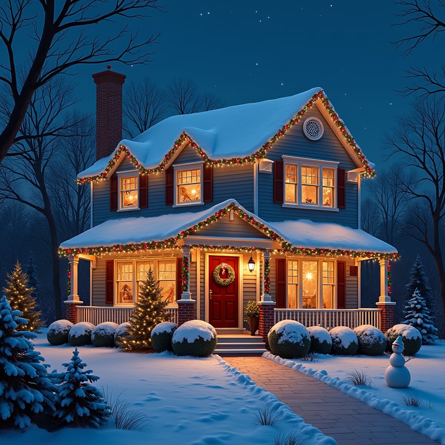 A charming exterior of a house at night, glowing with colorful holiday lights strung along the roofline, bushes, and trees. Include a festive wreath on the door, a snowman in the yard, and a clear, starlit sky for an enchanting holiday feel.