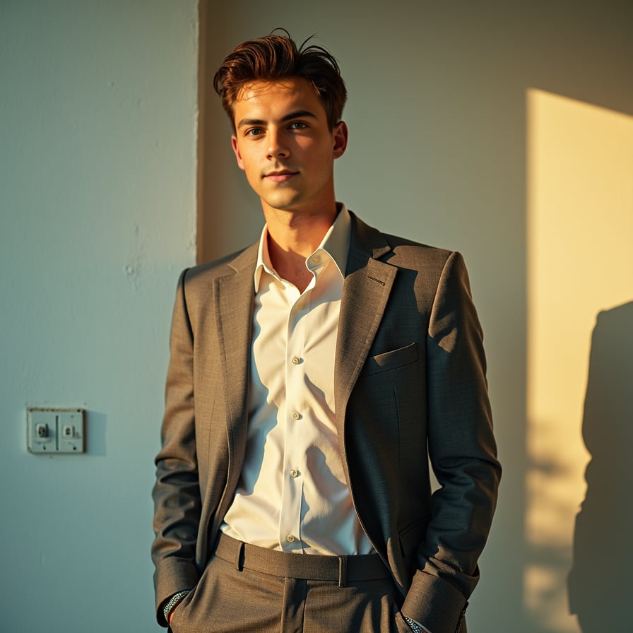 Classic vintage portrait, sepia tones, elegant attire, and antique backdrop.