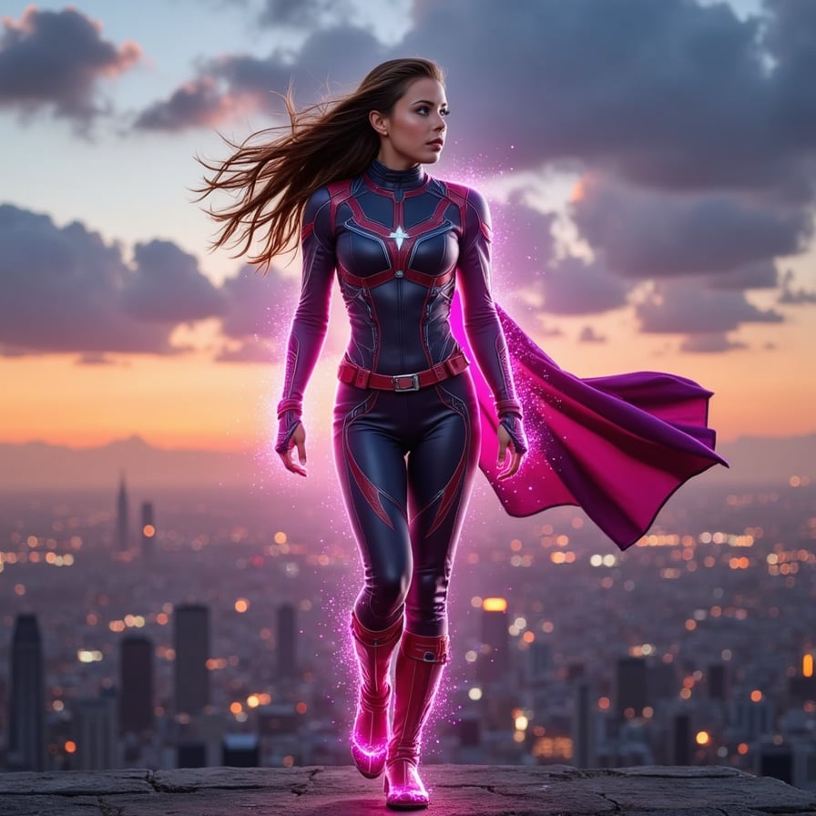Next-gen female Avenger in a sleek, high-tech suit, glowing with cosmic energy, standing on a skyscraper rooftop at dusk, wind-blown cape, cinematic Marvel lighting, dynamic pose, futuristic city in background, ultra-realistic, 4K
