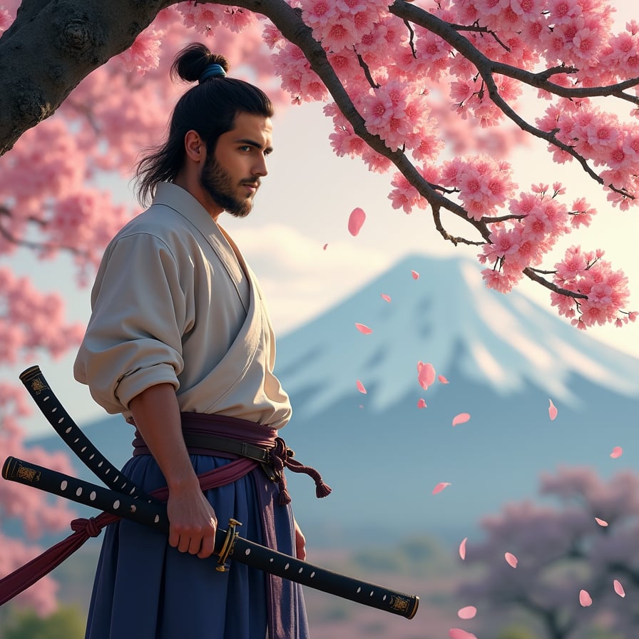 A lone samurai stands beneath a blooming sakura tree, his katana sheathed at his side. The wind carries pink petals through the air, blending with the distant mountains in the background. His expression is calm yet determined