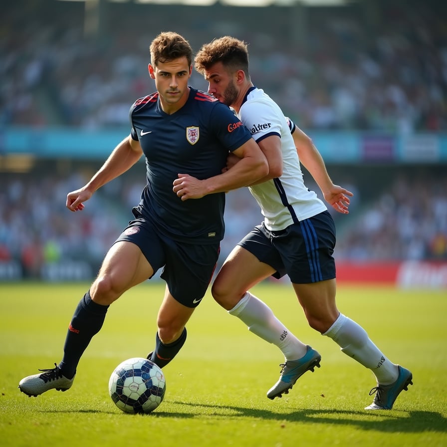 man in dynamic action, tackling and dribbling a football away from an opponent, wearing a sleek athletic jersey and shorts, under the bright lights of a stadium, with a blurred background of cheering fans and lush green grass.