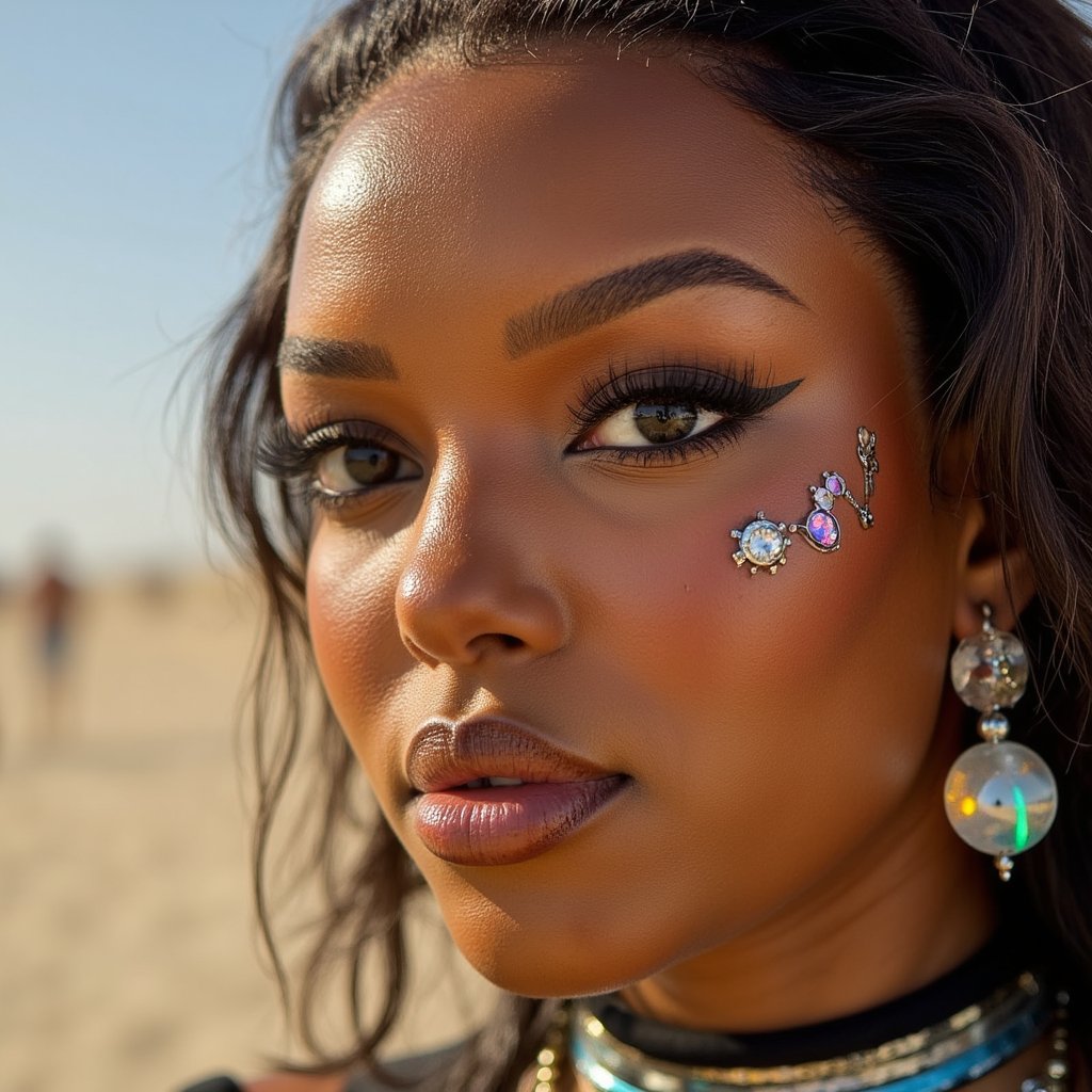 Close-up headshot of a cyber-tribal woman with face jewels and LED earrings, dramatic eye makeup, sandstorm background, Burning Man aesthetic