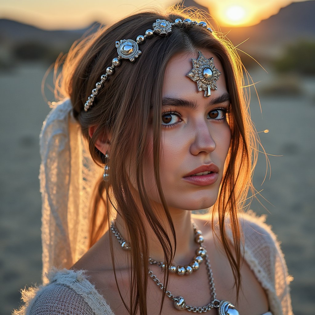 woman in a visually powerful, artistic look reflecting the energy of Burning Man. The atmosphere captures the desert’s dreamlike quality with soft haze, glows, and filtered sunrays. Elements like layered textures, metallic accents, or desert-style accessories enrich the aesthetic. Her presence feels otherworldly and self-expressive. Studio-style lighting blends dramatic highlights with warm ambient tones. Hyper-detailed, sharp focus, glowing depth, mystical energy.