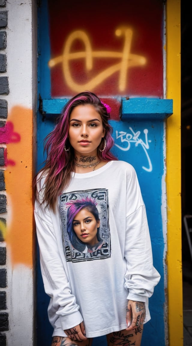 Punk style woman, graffiti alley, intricate details, noir vibe.
