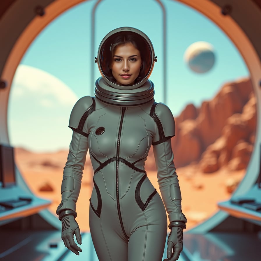woman in a sleek, futuristic space suit, standing in a state-of-the-art satellite station on Mars, with a massive, curved window behind her showcasing the rusty, barren Martian landscape, surrounded by rows of high-tech computer terminals and futuristic equipment, with a subtle, atmospheric lighting and a sense of impending discovery.