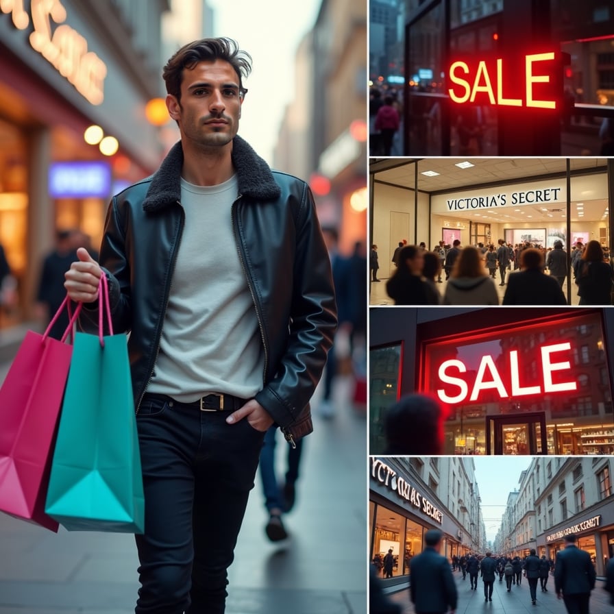 A collage of different shopping-themed images with a bold, eye-catching sale graphic overlay, including a blurred Victoria's Secret store background and a 'Sale' sign