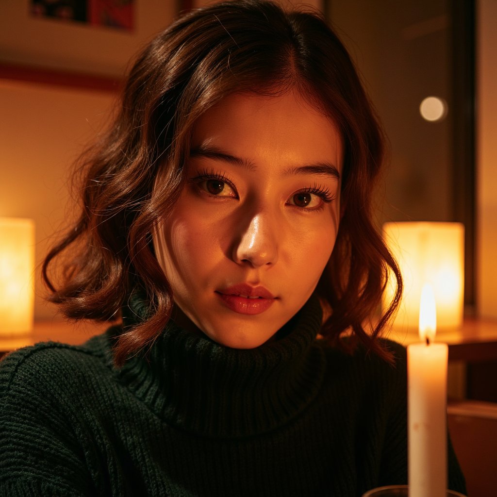 Highly detailed, highly realistic, hyperrealistic HDR close-up portrait of a woman (female, 40 yrs) illuminated by warm candlelight. Camera straight-on, tight head-and-shoulders framing. She wears a dark forest-green wool turtleneck sweater, texture clearly visible in soft folds around the neck. Her hair is mid-length, softly curled, dark brown with auburn undertones catching the candle glow. The background fades into rich darkness with bokeh from two small candles. Her expression gentle, eyes reflecting golden light. Visible skin texture, fine facial hair, soft sheen on lips, and subtle catchlight in eyes. Warm cinematic contrast, candlelight realism. HDR, high resolution, high quality, highly detailed, photorealistic.