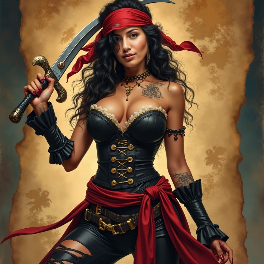 woman in bold, provocative pirate costume, fitted corset, flowing pirate pants, bandana, posing seductively with fake sword, treasure map in background, dramatic lighting, warm color tone, posing for poster