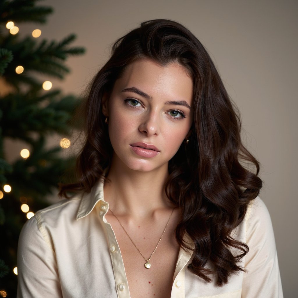 Head-and-shoulders portrait of a woman against a clean, elegant evergreen backdrop decorated with tiny warm fairy lights. She faces the camera calmly with a serene, Christmas-card expression. She wears a cream satin blouse with soft sheen and a gold pendant necklace.
Hair: voluminous soft curls parted to one side.
Makeup: holiday glam—soft shimmer eyeshadow, long curled lashes, warm pink lipstick.
Lighting: balanced beauty softbox from the front with a gentle hair-light from above to define curls.
Background: dark green pine branches with gentle glowing bokeh; minimal clutter, clean composition.
Camera: 85mm f/2.2; highly detailed, highly realistic, HDR, showing satin shine, hair texture, and precise bokeh.