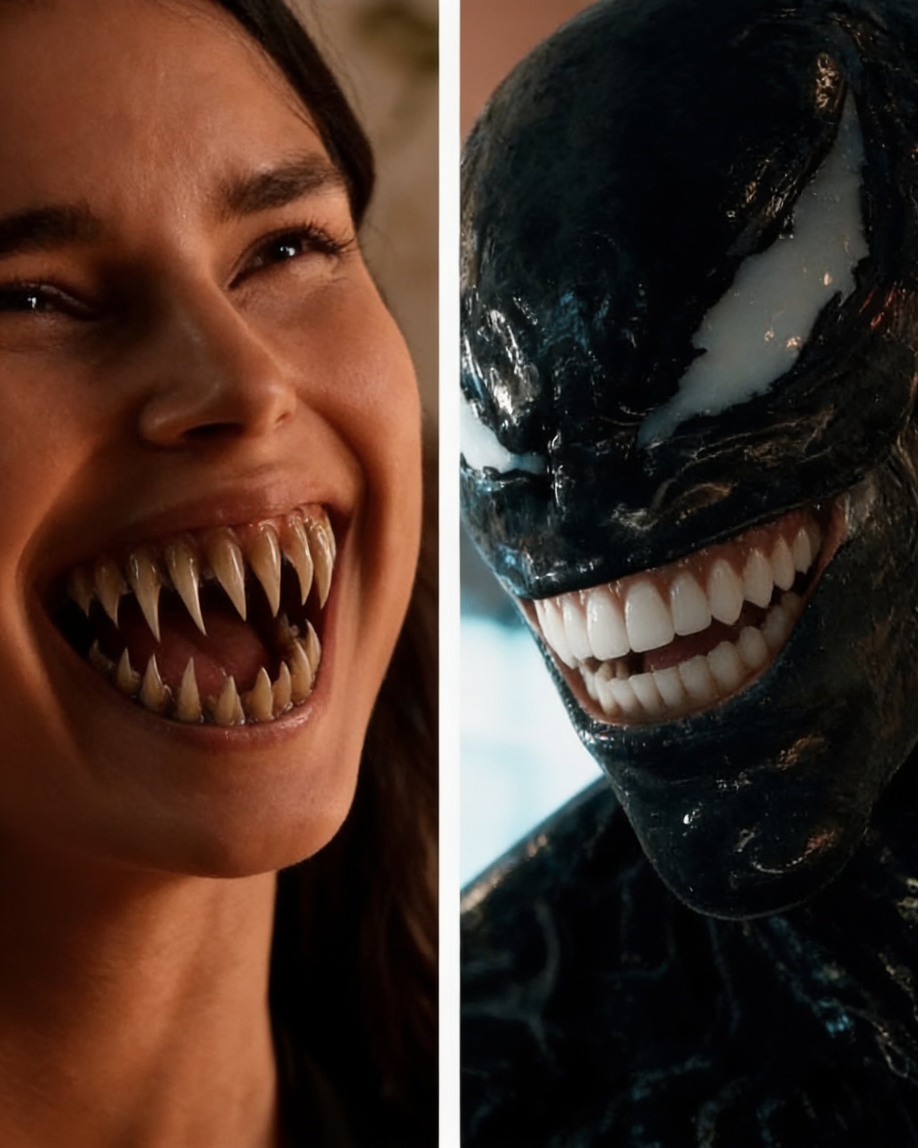 Edit the uploaded image only. Keep everything exactly the same except the teeth.
Swap the teeth between the woman on the left and the Venom character on the right:
Give the woman Venom’s sharp, long, irregular pointed teeth. They should naturally fit inside her existing smile, following her mouth shape, gums, perspective, lighting, and facial expression.
Give Venom the woman’s normal human teeth. They should be natural-looking human teeth, correctly positioned inside Venom’s existing mouth and matching the perspective, lighting, wetness, shadows, and jaw structure.
Do not change anything else. Preserve the exact faces, identity, expressions, eyes, nose, lips, skin, hair, Venom design, background, lighting, colors, framing, camera angle, and composition.
The teeth must look physically attached and naturally integrated, with realistic gums, shadows, reflections, moisture, depth, and occlusion. No pasted-on appearance.
Only perform the tooth swap. Everything else must remain pixel-level visually consistent with the uploaded image.
