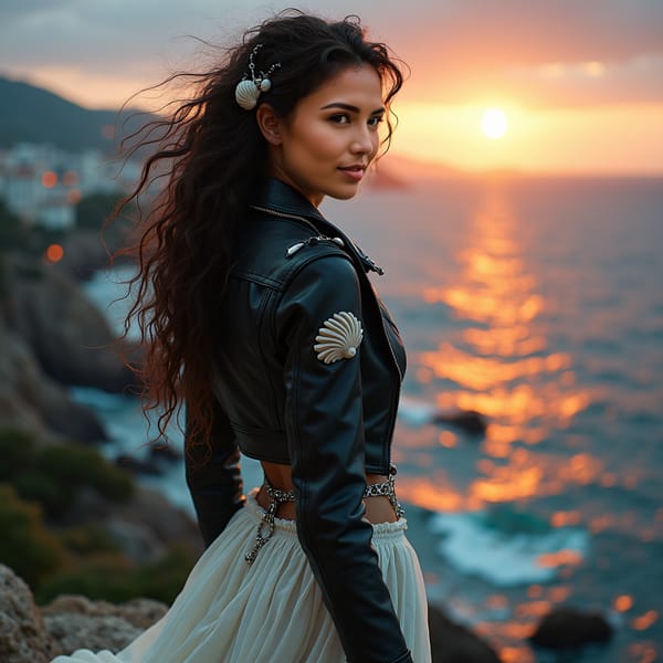 Goddess Aphrodite, radiating beauty and sensuality, wearing a flowing, iridescent white gown, adorned with seashells and pearls, standing on a rocky cliff overlooking the Aegean Sea, at sunset, with soft, golden light illuminating her flawless skin and luscious, curly hair.