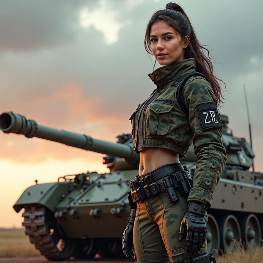 woman wearing a camouflage uniform and military boots, standing confidently in front of a rugged military tank, with a determined expression on her face, under a cloudy, dramatic sky