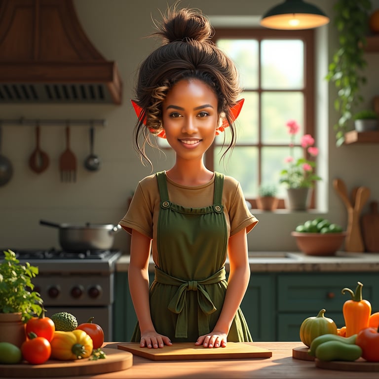 woman in a modern kitchen, wearing a casual yet stylish apron, surrounded by fre
