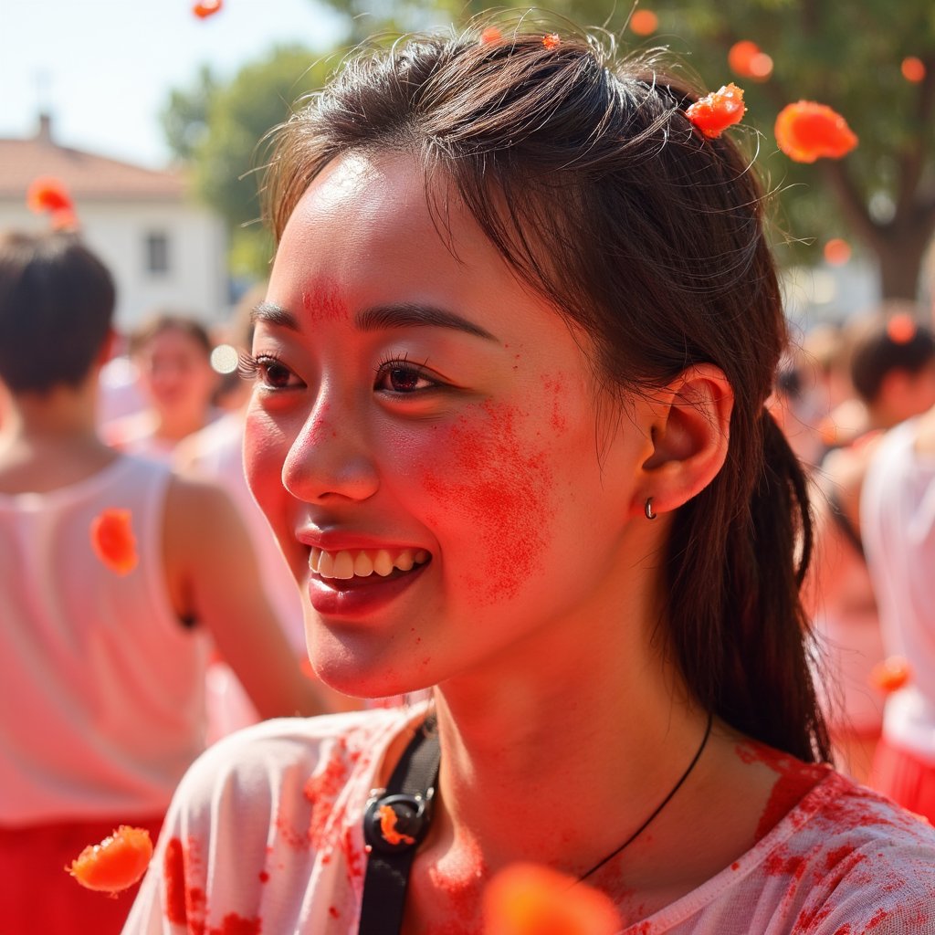 Candid headshot of a young festival-goer surrounded by flying tomato pieces, red juice mist in the air, wet hair slicked back, captured mid-chaos