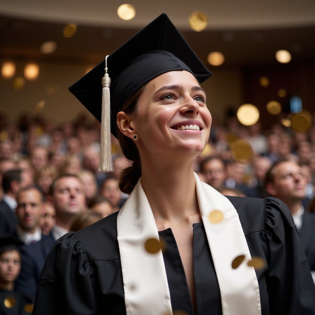 Tight headshot of a woman graduate looking slightly up toward drifting gold confetti, expression joyful but poised (no movement captured mid-gesture); wearing a matte black gown, white satin stole, mortarboard flat; hair in a polished low twist, smooth edges; camera at eye level, 135 mm lens, f/2.2; lighting: large diffused key light from front-left with a faint hair rim light; background: softly blurred warm backdrop with bokeh reflections from scattered confetti lights; every confetti piece slightly defocused except the few near her shoulders; textures crisp on fabric fibers, tassel threads, and skin pores; colors rich yet balanced, highly detailed, highly realistic, HDR.
