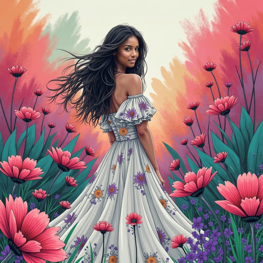 A fully coloured playful sketch of a woman in a whimsical garden, surrounded by oversized, vividly colored flowers. She wears a flowing dress with intricate floral patterns that seem to blend with the garden around her. The plants and trees are drawn with exaggerated, swirling lines in shades of pink, green, and purple, creating a fantastical, dreamlike scene. The sketch has a hand-drawn feel with bold, fluid strokes and bursts of vibrant colors