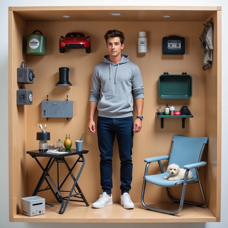 Man in joggers and hoodie, standing next to a lawn chair, toolbox, and pet figure.