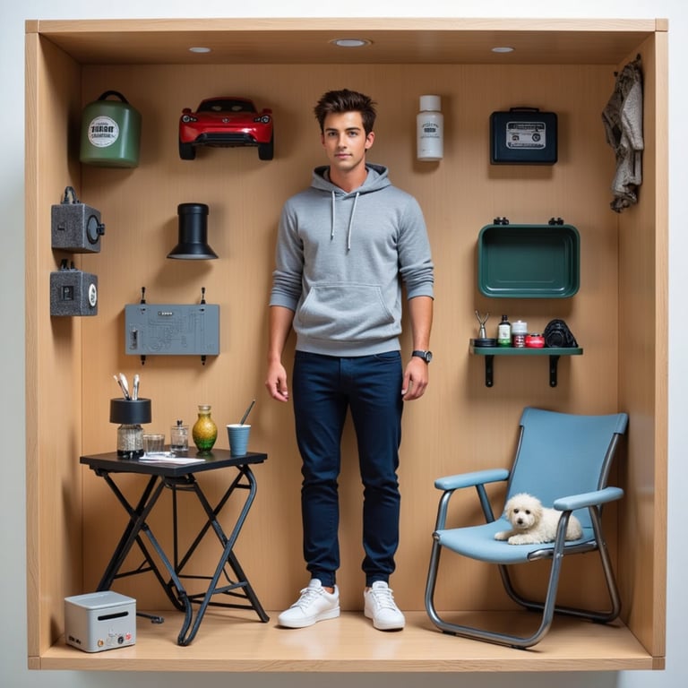 Man in joggers and hoodie, standing next to a lawn chair, toolbox, and pet figur