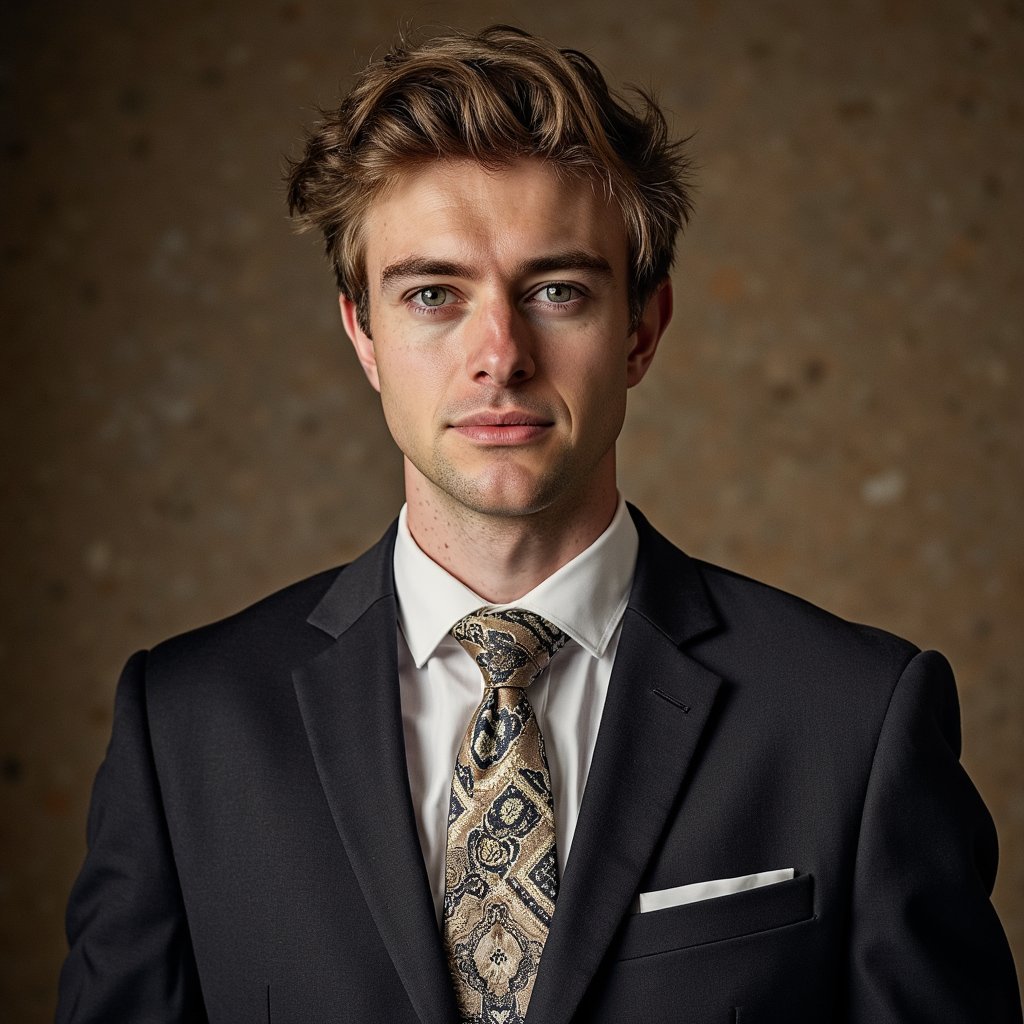 man wearing an impeccably tailored, luxurious formal suit and a complementary silk tie. The scene is set against a solid, high-contrast studio backdrop that makes the subject stand out dramatically. Photographed with professional studio lighting, HDR, creating a perfect balance of highlights and shadows that sculpt his facial features. The suit fabric shows subtle, intricate textures, and the silk tie has a delicate pattern. His hair is perfectly styled, and his expression is one of calm, confident professionalism. Hyper-detailed, sharp focus, stunning clarity.