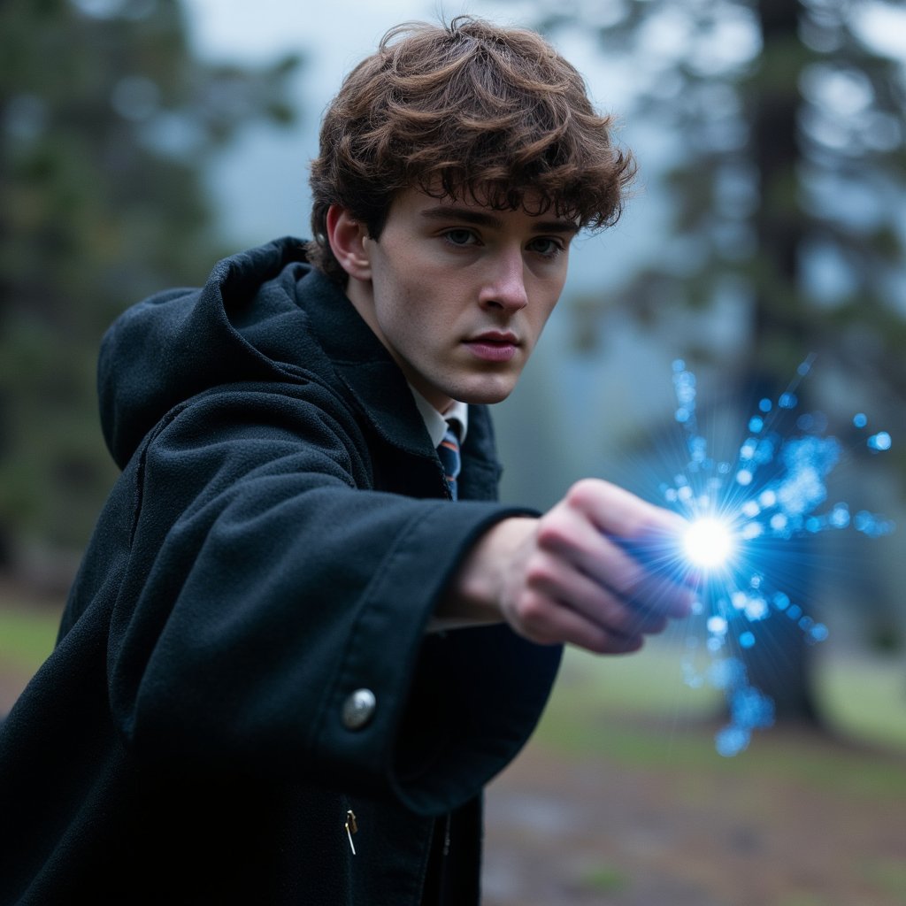 Ultra-detailed HDR full-body, low-angle action shot of a 17-year-old male Hogwarts student with light tan skin, sharp jawline, and piercing blue eyes narrowed in intense concentration, mouth slightly open. Medium-length wavy brown hair windswept, illuminated by the magical glow from his wand. Wearing a heavy black wool cloak fastened with a silver clasp, hem damp and dirt-streaked from the mossy forest floor. Pose: legs planted firmly, left arm out for balance, right arm extended forward with wand emitting a glowing silver stag Patronus; mist swirling around ankles. Camera: Sony A1, 24mm f/2.8 lens, aperture f/2.8, camera placed slightly below waist height looking upward to exaggerate heroic stance. Lighting: primary key from Patronus light itself — cool bluish-white (6500K) — casting high-contrast shadows across face and cloak; faint moonlight filtering through tree canopy adds a secondary cool fill; fog acts as natural diffuser. Background: towering dark tree trunks and soft blue mist, no distracting elements.