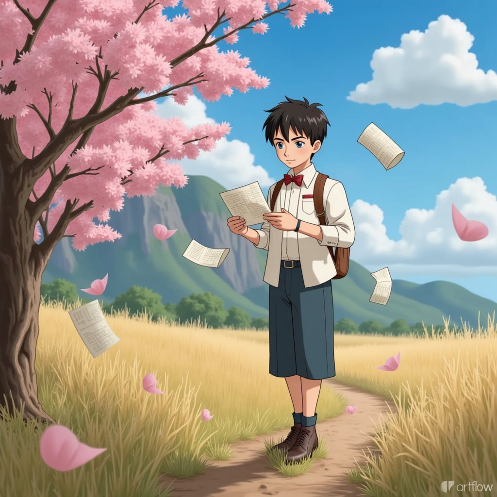 An engineer boy standing in a field with flying paper blueprints, cherry blossoms drifting past — scene from The Wind Rises