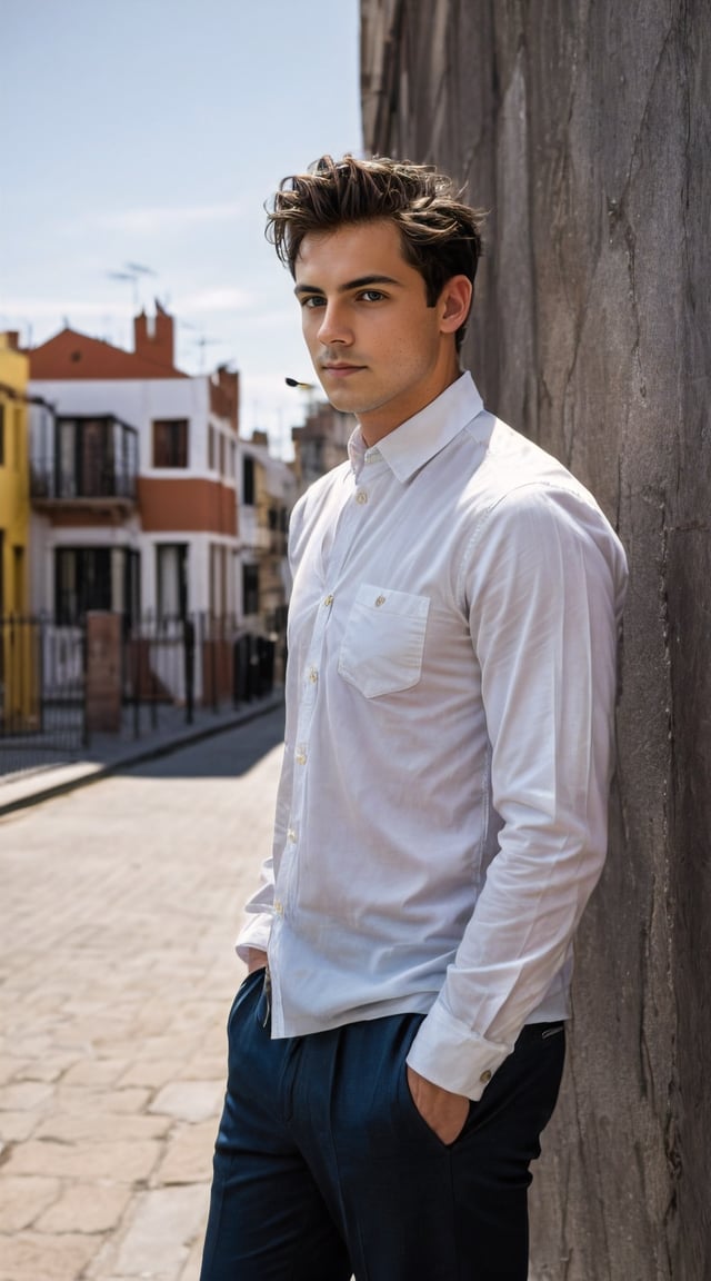 Trendy city dweller, sleek outfit, modern skyscrapers in the background.