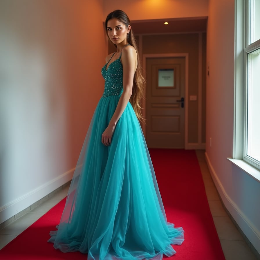 Red Carpet Glam: The model is on a glamorous red carpet event, dressed in a show-stopping gown. With flashing cameras and a backdrop of photographers, she faces the camera confidently, showcasing the ultimate in red-carpet elegance.