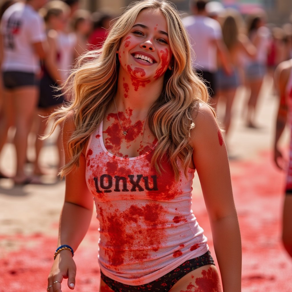 Knee-up portrait of a woman in a white tank top soaked with tomato sauce, one hand raised mid-throw, sunny outdoor light, La Tomatina energy