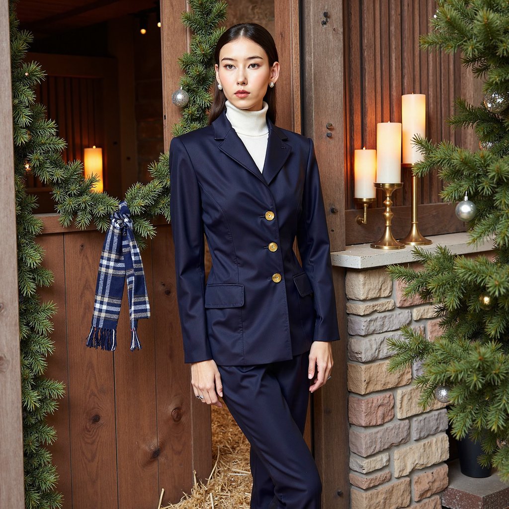 Woman standing beside a stable door draped with festive garland, facing camera, composed expression. Hairstyle: sleek low ponytail, minimal makeup. Attire: tailored navy riding jacket with brass buttons, cream turtleneck. Fabric details: twill weave visible on jacket, soft wool knit. Camera: slight low angle, 50mm, f/2.2. Lighting: soft winter daylight + warm bounce from straw floor, creating balanced tones. Background: blurred stable interior with faint light leaks, clean composition. Pose: one hand lightly on door edge, posture proud but natural. Render: highly detailed, highly realistic, HDR; visible horsehair texture on nearby blanket, dust motes in light.